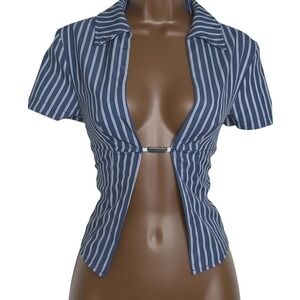 New Medium Blue Pinstripe Short Sleeve Open Front Crop Top Metal Clasp Closure